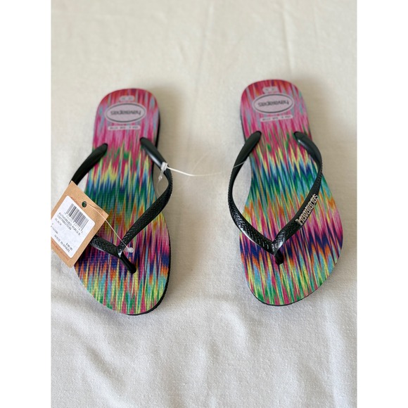 Havaianas Slim Multi Color Ikat Print Flip Flops Black Straps Womens 6 NEW - Picture 9 of 9